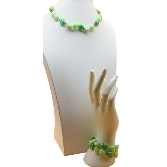Vintage Kramer Peking Glass Parure Two Tone Green Choker Necklace and Double